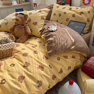 黄油小熊床上四件套棉加绒AB面水洗棉牛奶绒被套罩宿舍床单三件套