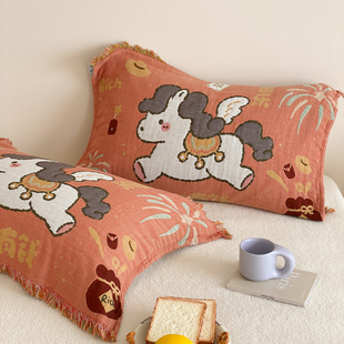 2026马年新款纯棉枕巾流苏四层纱布100全棉一对装防头油枕套儿童