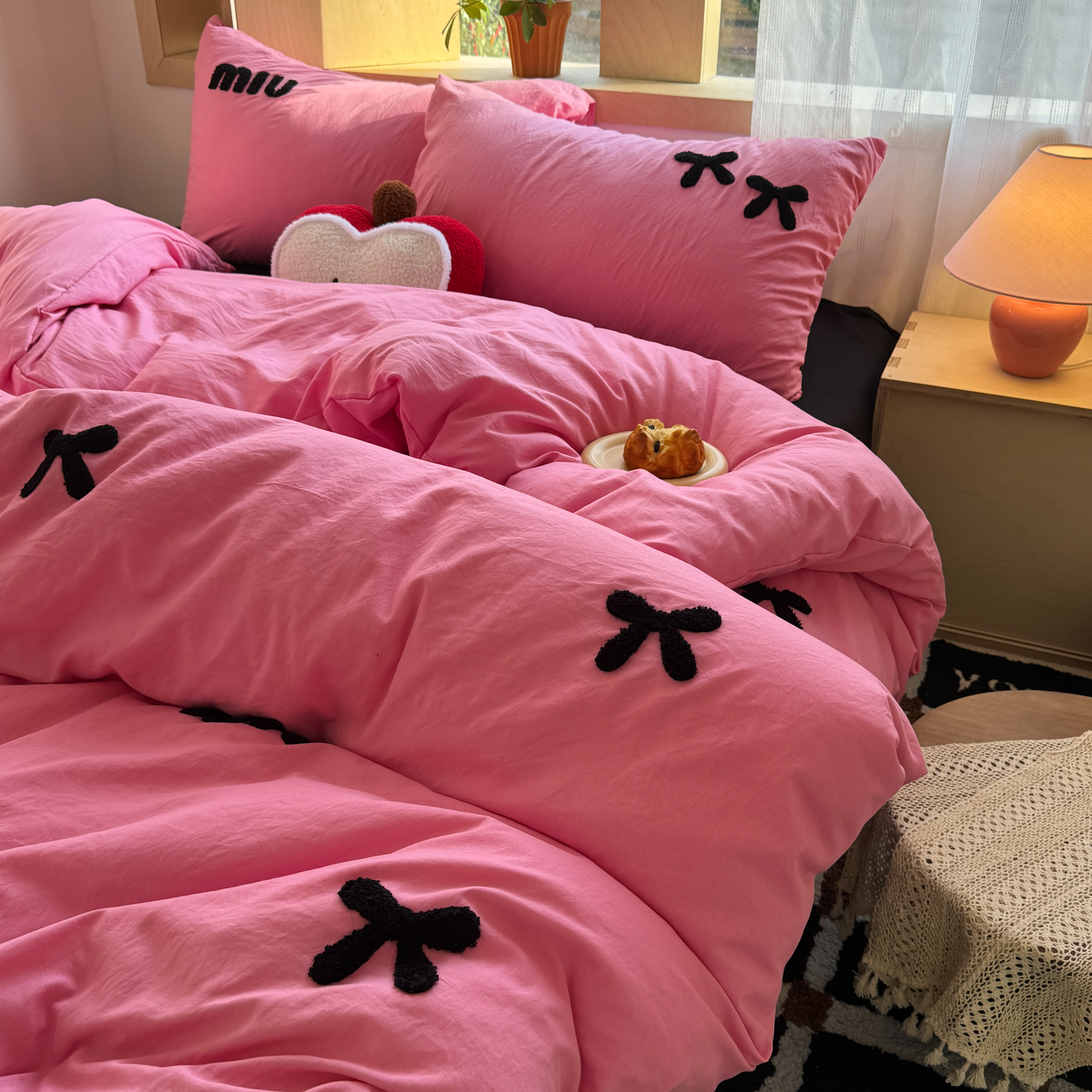 ins蝴蝶结水洗棉床上四件套玫红色被套宿舍床单三件套非全棉纯棉4