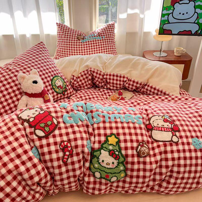 可爱毛巾绣牛奶绒四件套卡通加绒珊瑚绒被套床单人加厚宿舍三件套