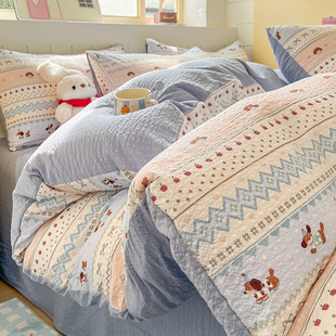 费尔岛风泡芙纱四件套春夏季 卡通被套床单宿舍床上三件套非全纯棉