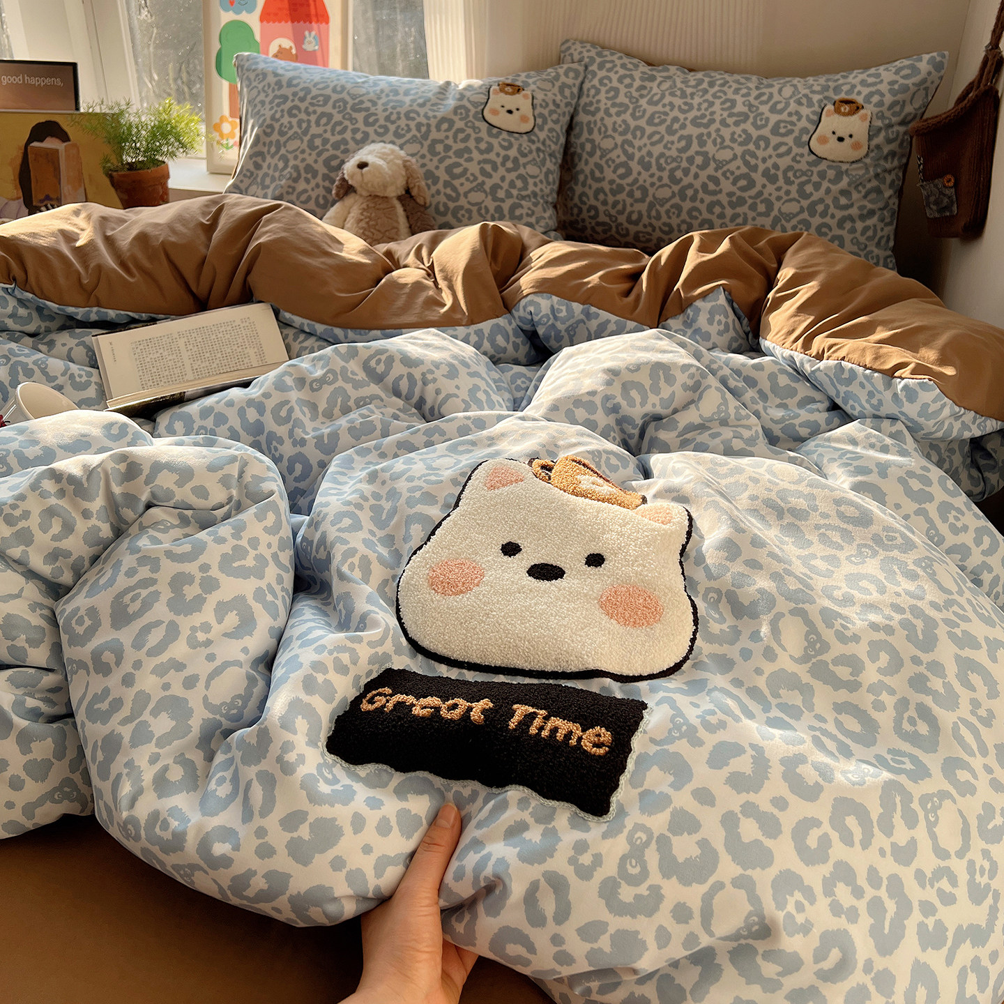 豹纹西高地水洗棉毛巾绣四件套非全棉纯棉被套床单宿舍床上三件套