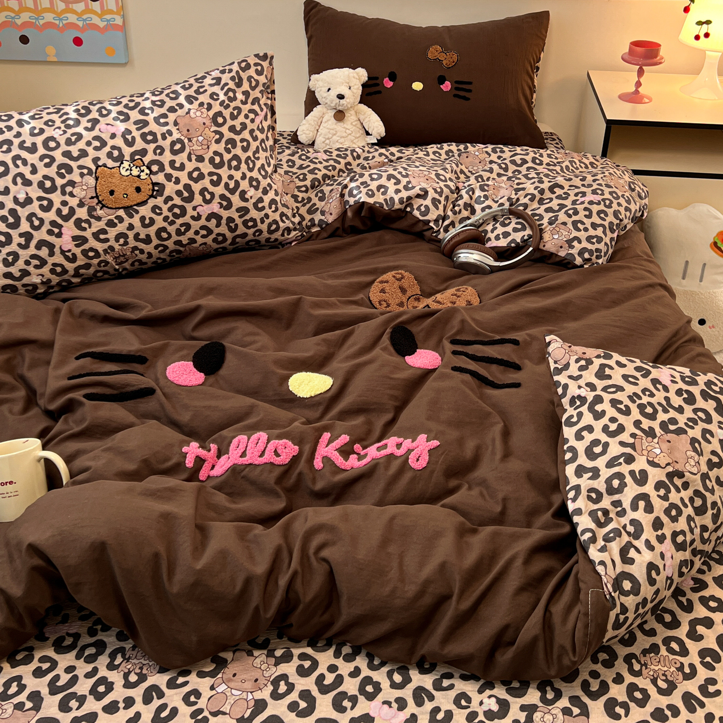 ins豹纹kt猫水洗棉四件套2025款