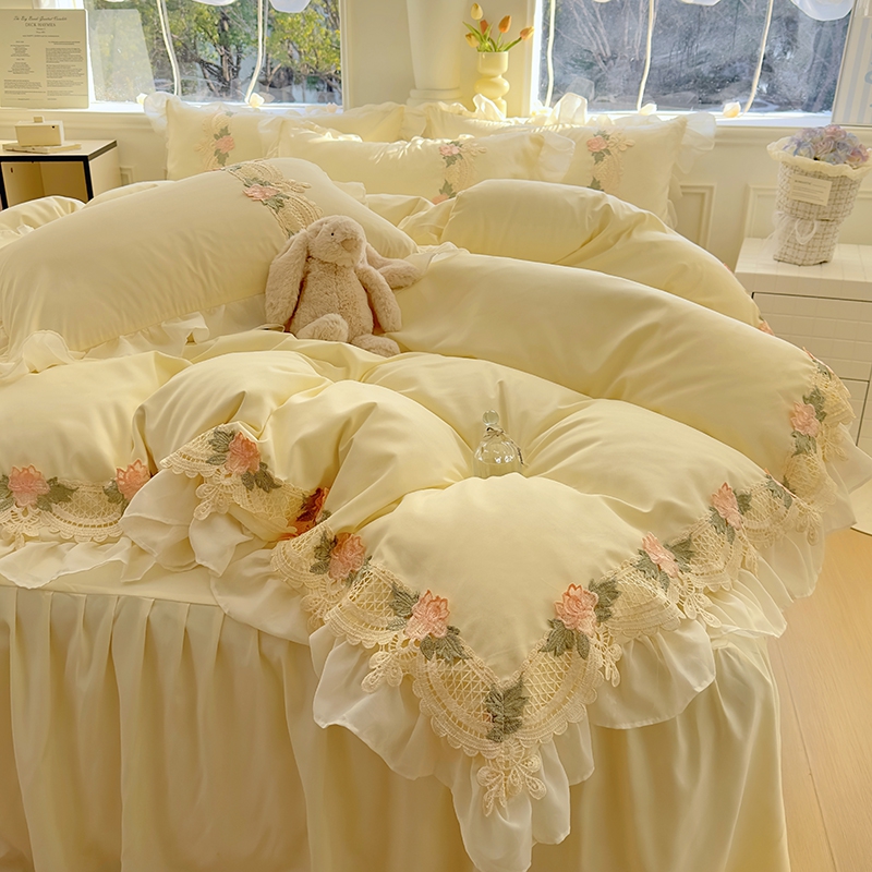 公主风蕾丝花边磨毛四件套