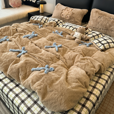 加厚牛奶绒床上四件套可爱蝴蝶结