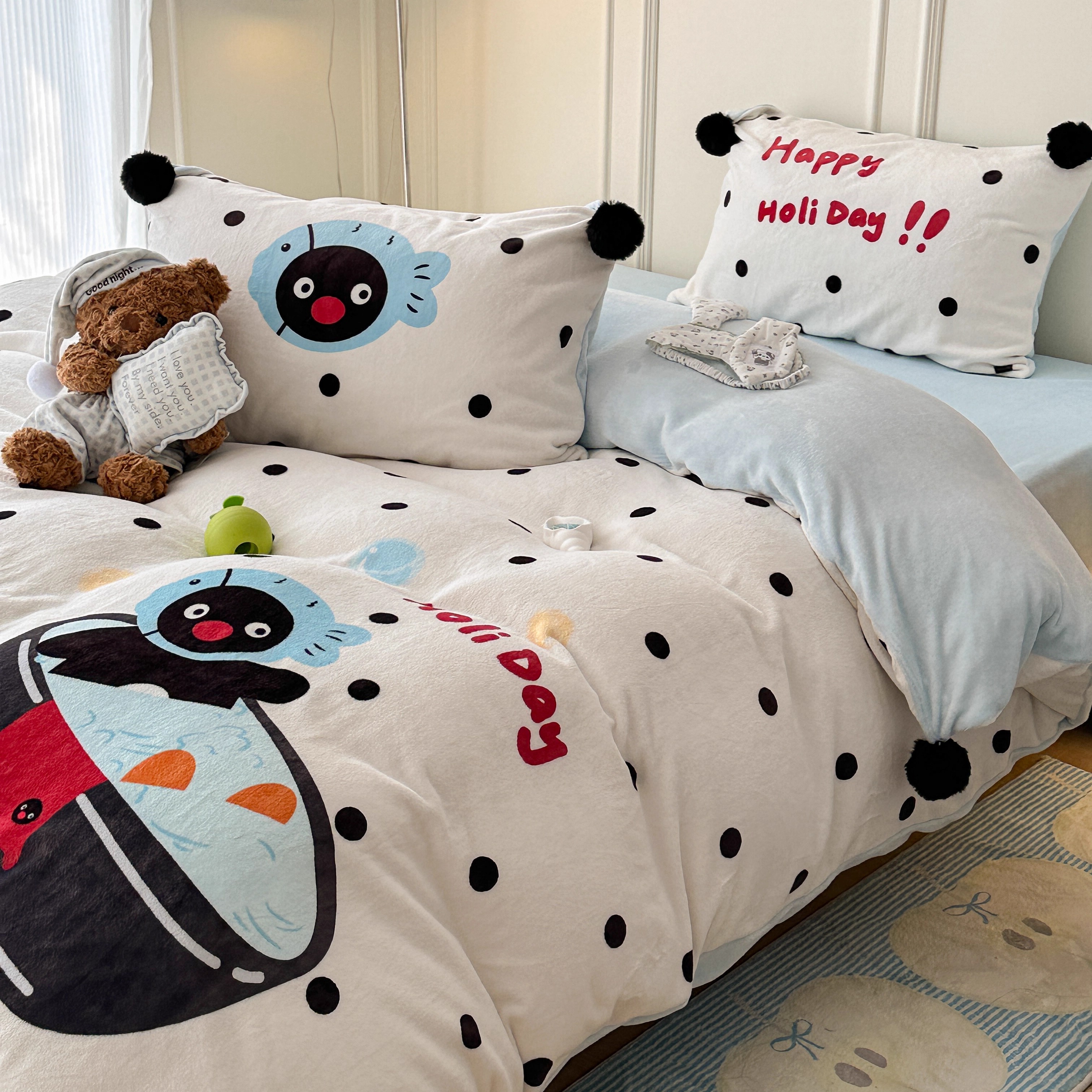 韩式波点萌趣牛奶绒四件套卡通