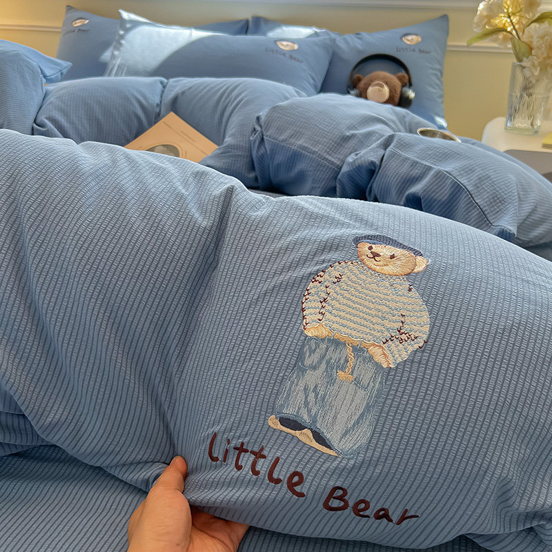 小熊刺绣床上四件套水洗棉非全棉纯棉夏季被套床单宿舍单人三件套