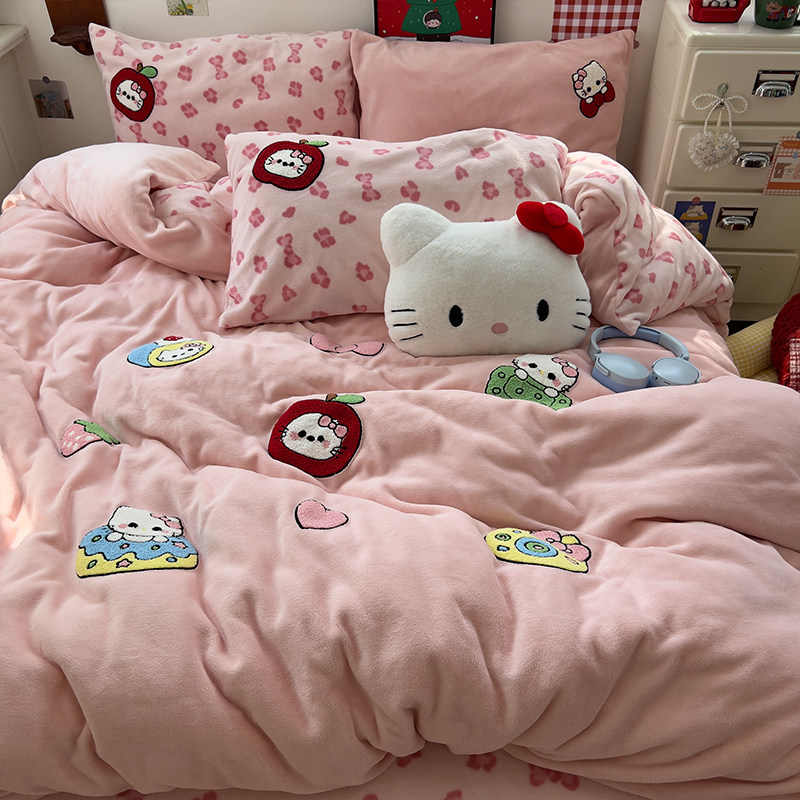 可爱少女心毛巾绣四件套牛奶绒冬季加厚加绒被套罩宿舍床单三件套