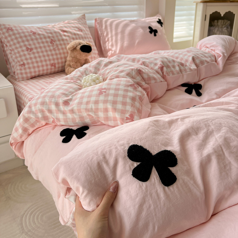 韩式少女心水洗棉床上四件套粉色