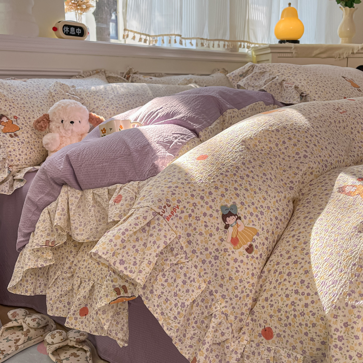 韩版泡泡纱大花边四件套非全棉纯棉被套床单宿舍小清新床品三件套