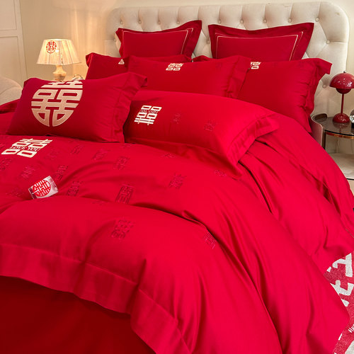 百喜图四件套婚庆结婚大红色床品