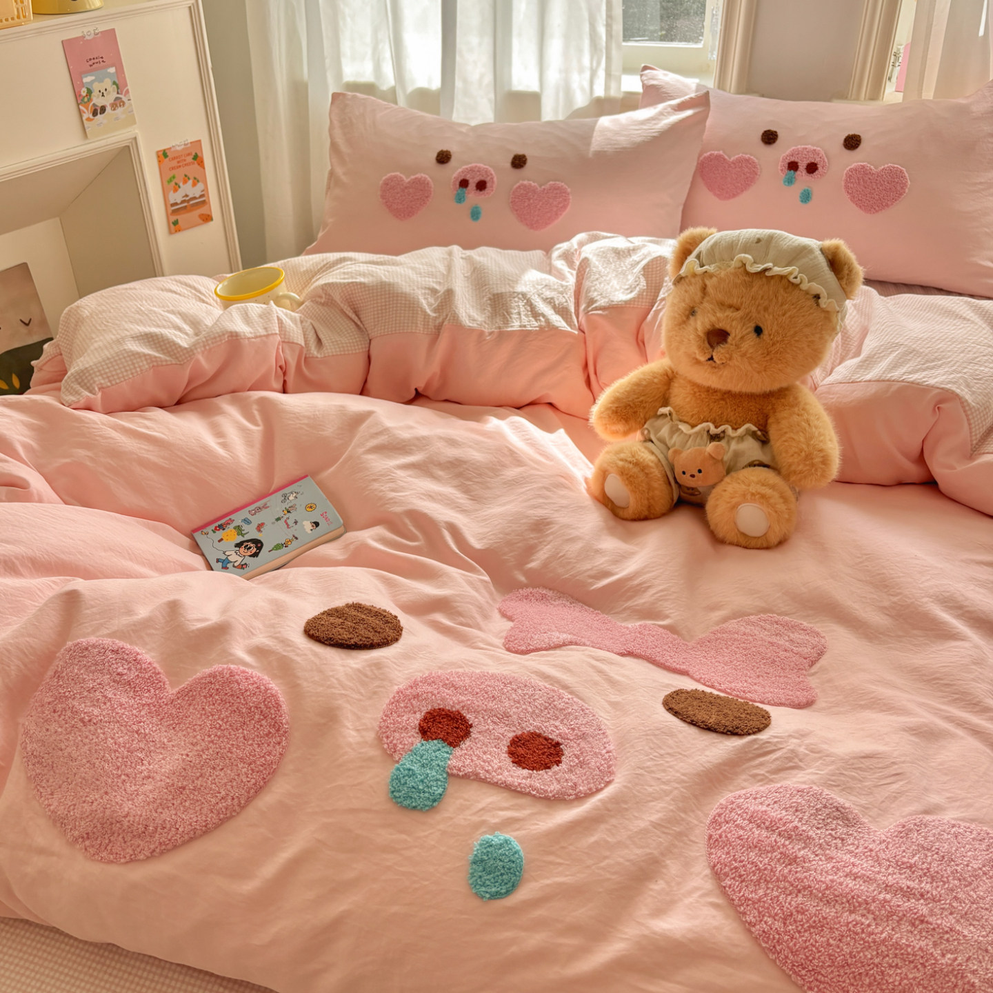 可爱猪猪毛巾绣四件套少女心被套非全棉纯棉床单人宿舍床上三件套