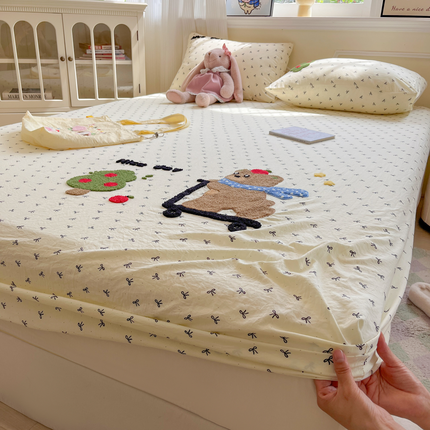 卡通可爱水洗棉毛巾绣床笠单件