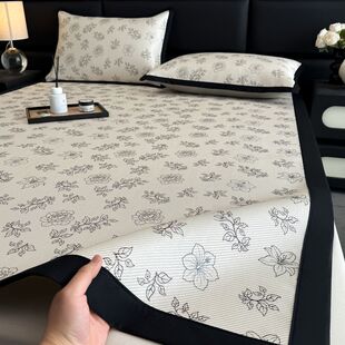 2026新款 赫本风黑边冰藤凉席三件套复古花卉床笠冰丝席可折叠软席