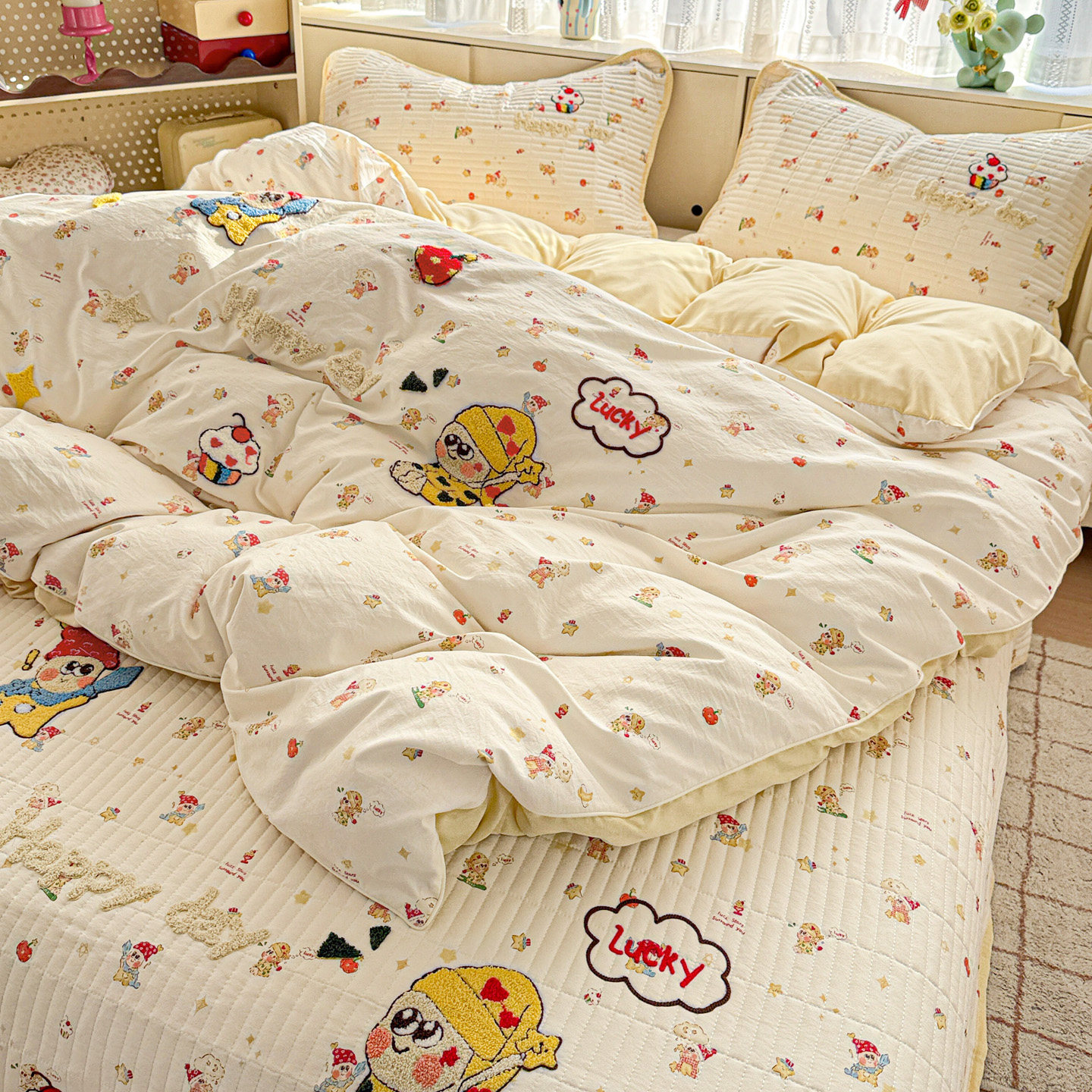 可爱星星人床盖四件套2026新款儿童卡通被套非全棉纯棉床笠三件套