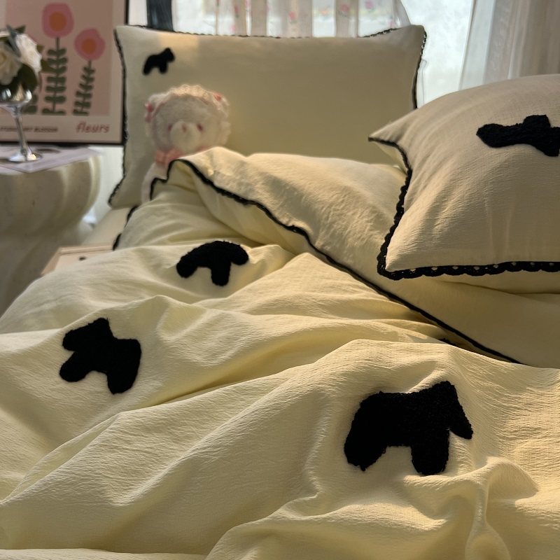 韩式奶油风毛巾绣四件套超柔水洗棉被套宿舍床单人三件套非全纯棉