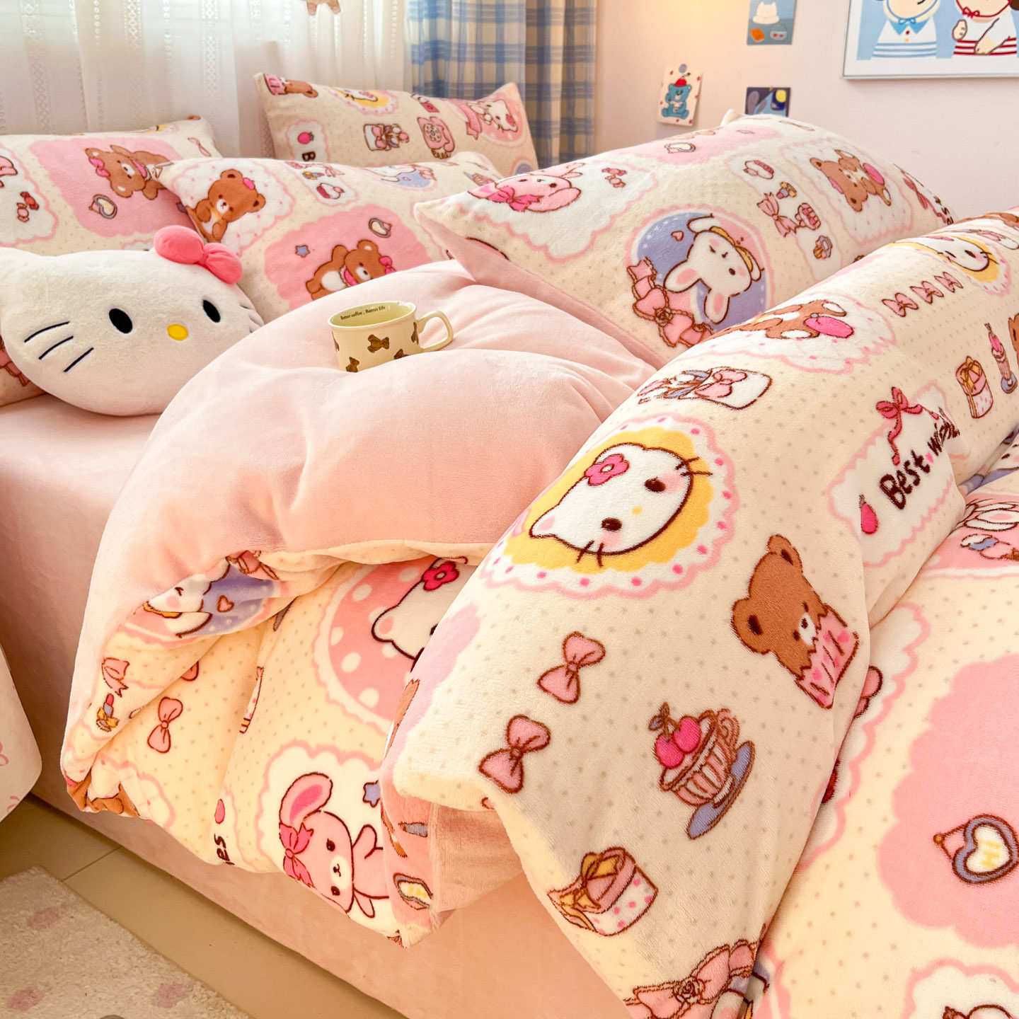 儿童卡通牛奶绒床上四件套冬季加厚珊瑚绒被套宿舍加绒床单三件套