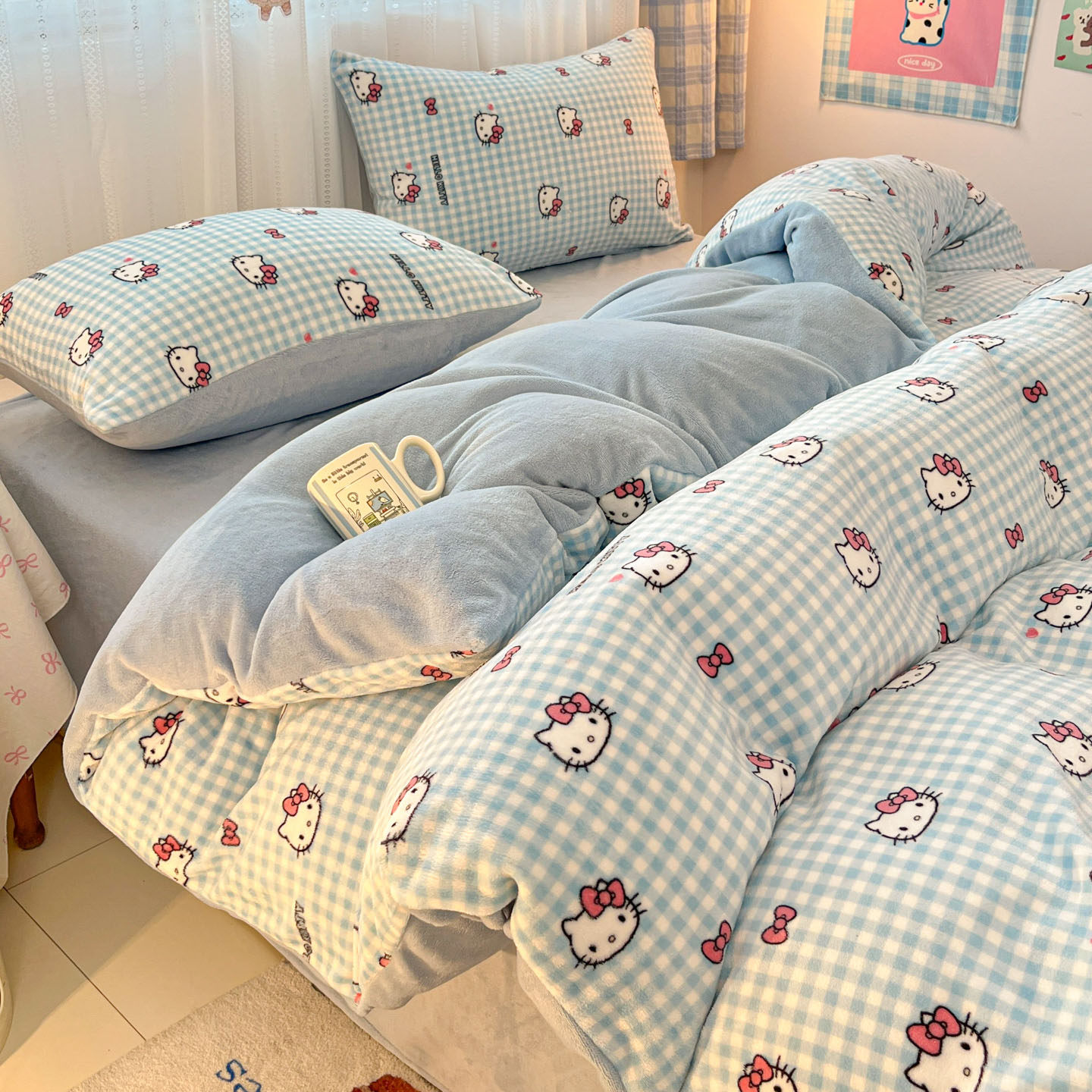 加绒卡通kt猫牛奶绒床上四件套双面珊瑚绒被套冬季加厚床单三件套