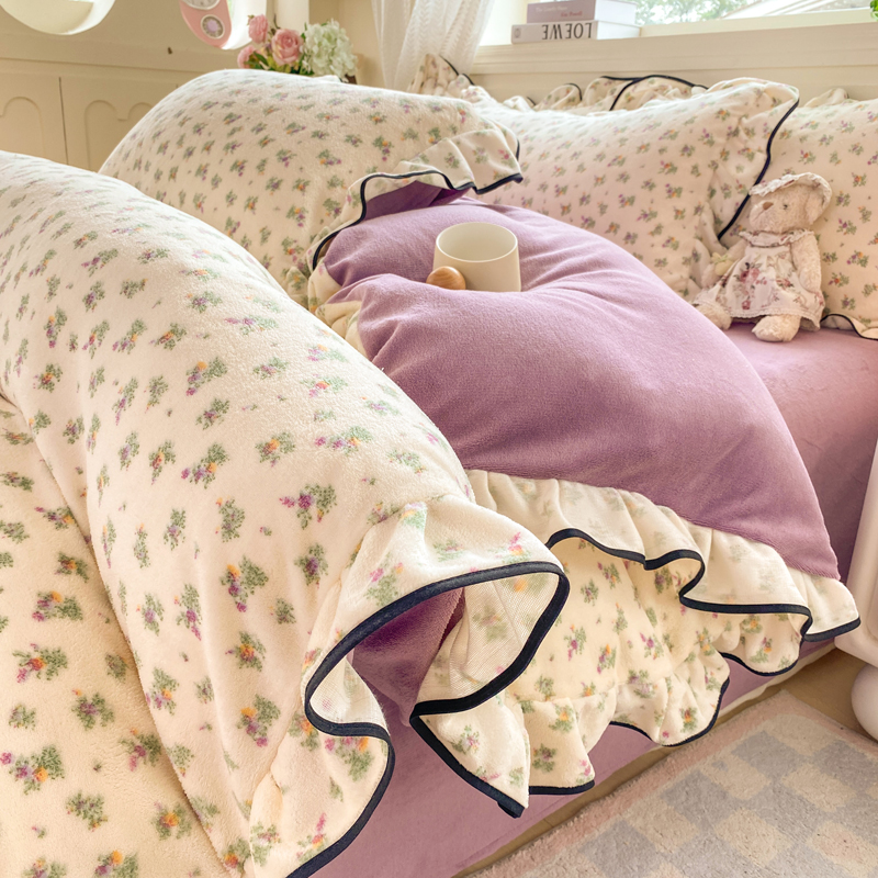 韩式牛奶绒花边四件套双面珊瑚绒