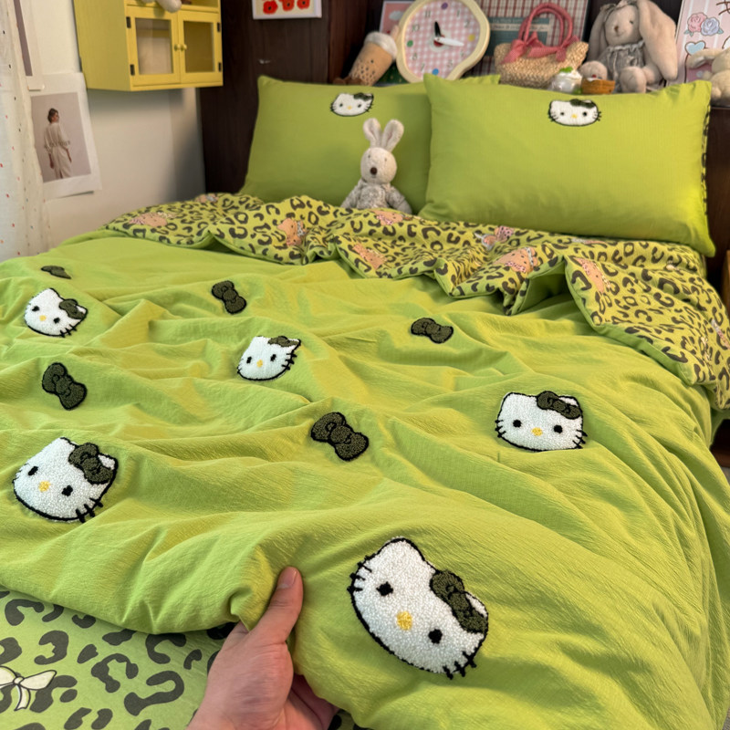 豹纹猫绿凉感空调被毛巾绣四件套