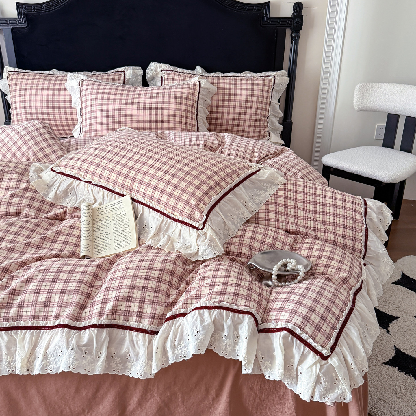 少女粉格镂空花边四件套水洗简麻公主风被套非全棉纯棉床单三件套,床上用品,床品套件/四件套/多件套,淘宝优惠券,粉丝福利购,淘宝优惠卷