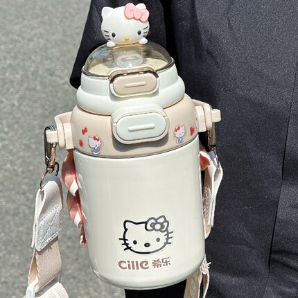 希乐保温杯女生高颜值可爱KT猫学生儿童便携式双饮杯带吸管不锈钢