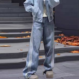 宋雨琦同款三条杠复古牛仔裤女显瘦宽松阔腿裤运动休闲水洗直筒裤