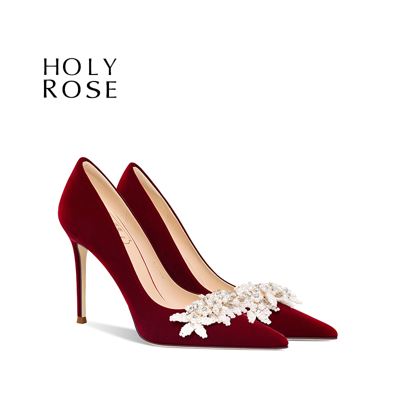圣洁玫瑰红色水钻尖头新娘婚鞋