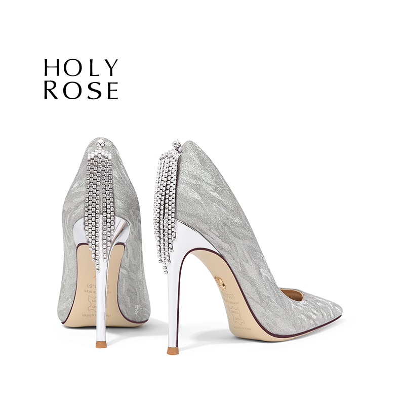 圣洁玫瑰银色尖头超高跟婚鞋
