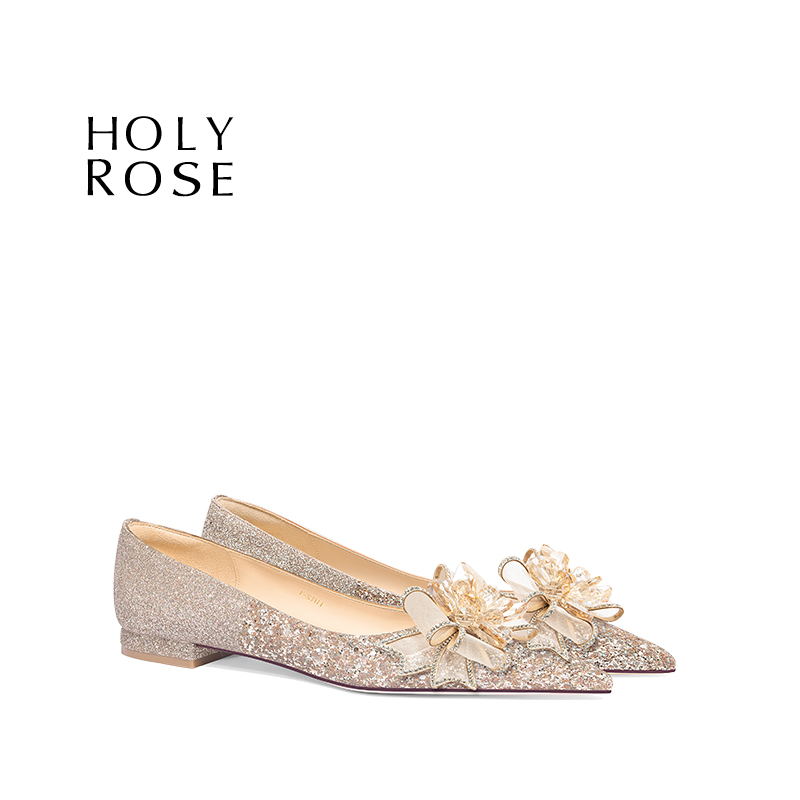 圣洁玫瑰金色尖头低跟婚鞋