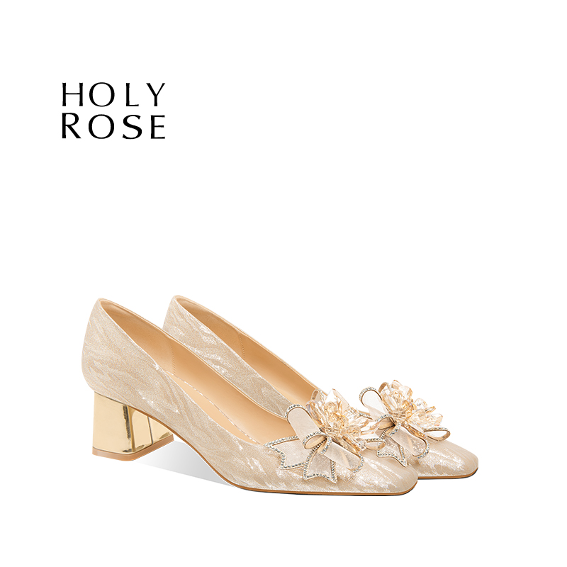 HolyRose金色尖头粗跟婚鞋舒适