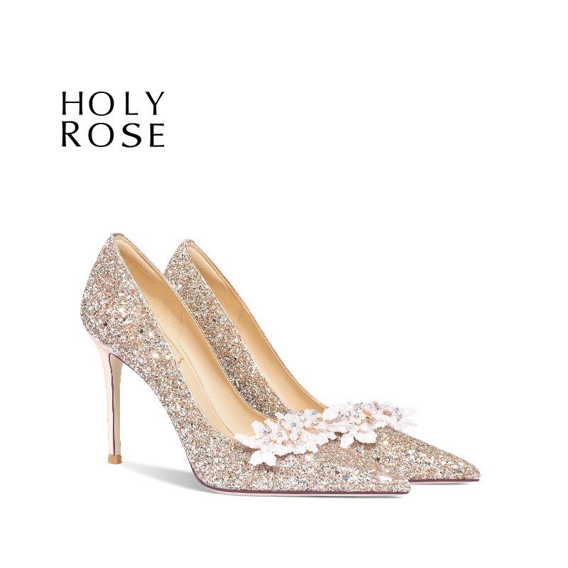 圣洁玫瑰新娘尖头水晶亮片婚鞋