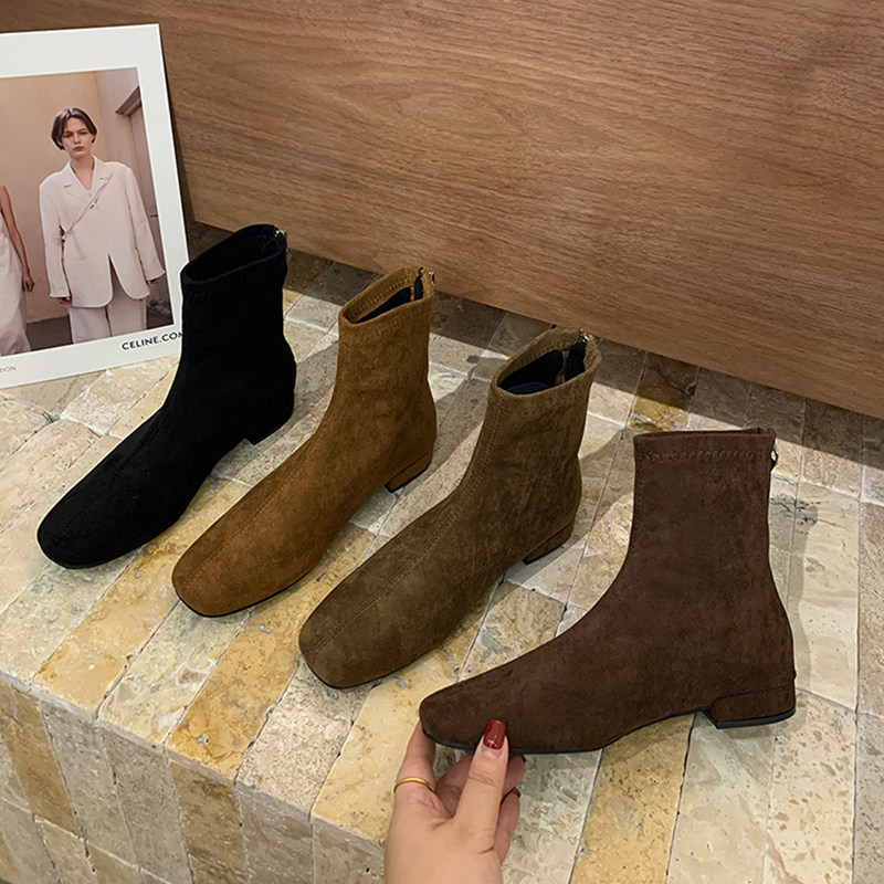 粗跟绒面瘦瘦靴女2025新款春秋单靴方头后拉链加绒小踝靴低跟短靴,女鞋,弹力靴/袜靴,淘宝优惠券,粉丝福利购,淘宝优惠卷