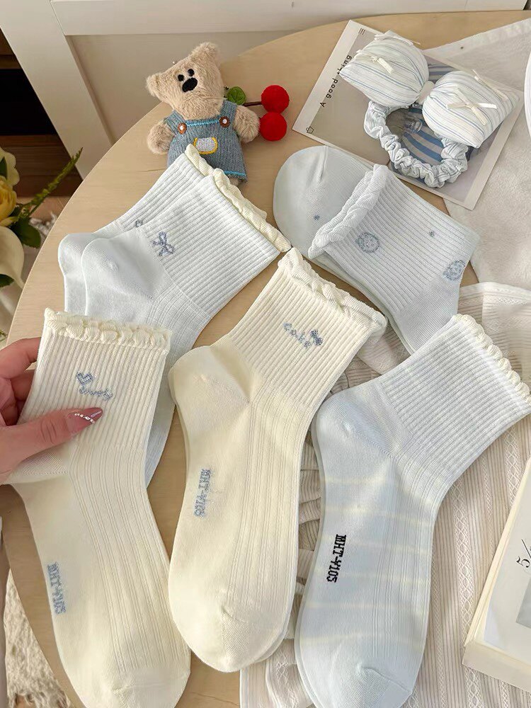 棉花糖春夏季高筒甜美泡泡口袜子韩版卡通时尚百搭款女袜无骨5双
