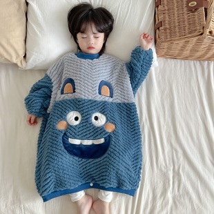 秋冬新款女童加厚卡通宽松睡袋防踢被法兰绒男童连体暗扣睡衣睡裙