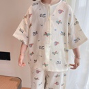 纱布棉男童短袖 韩国儿童夏季 家居服套装 五分袖 睡衣女童空调服 长裤