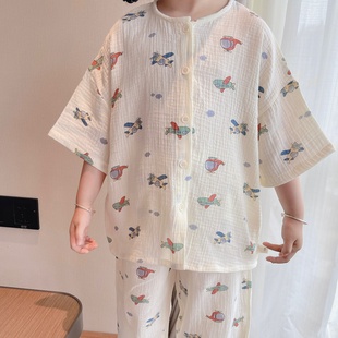 家居服套装 韩国儿童夏季 长裤 纱布棉男童短袖 五分袖 睡衣女童空调服