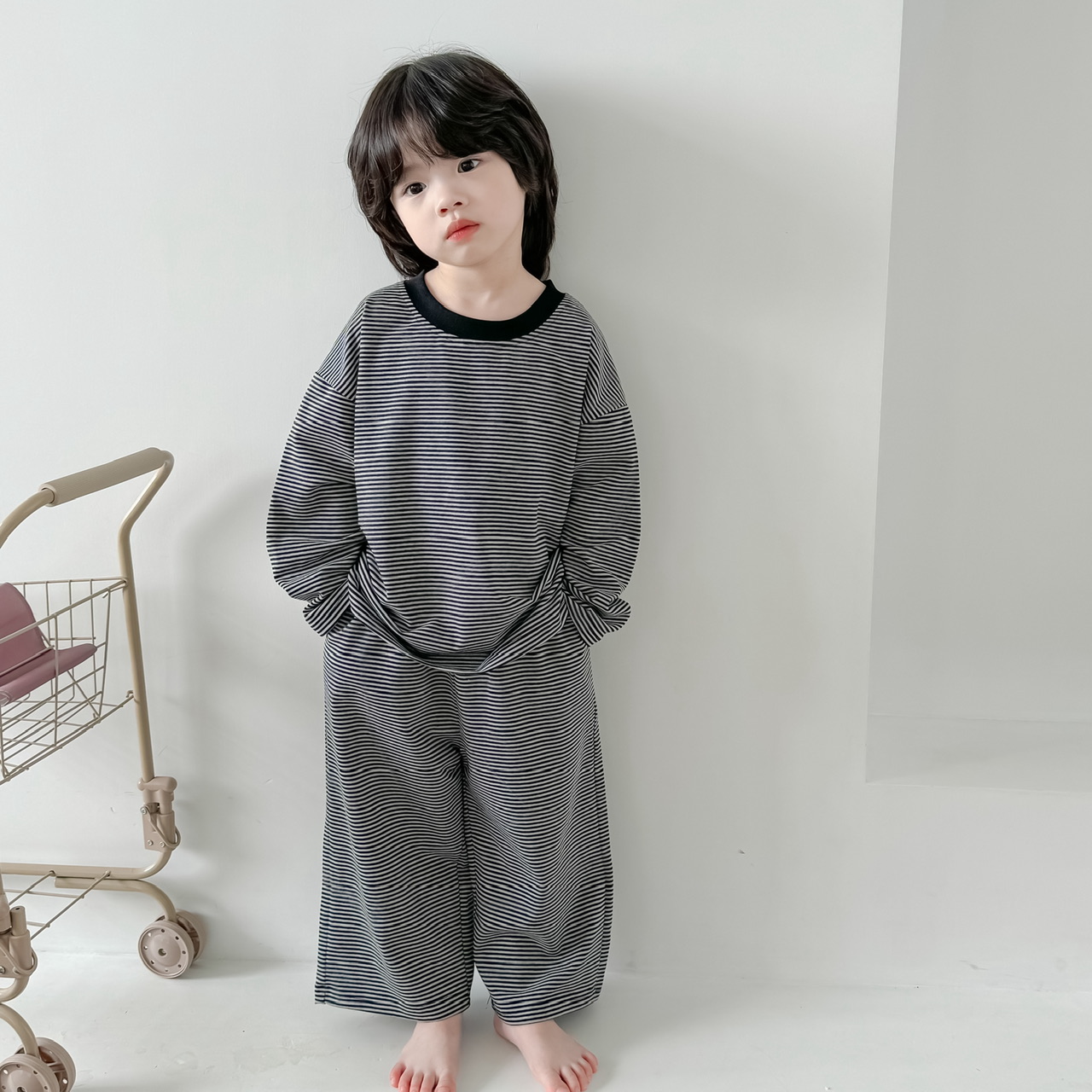 韩国男孩经典条纹长袖家居服套装四季纯棉外出休闲服男女童家居服
