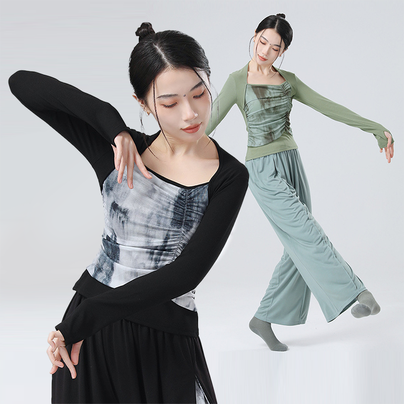 现代舞成人长袖上衣舞蹈服拼接水墨水纱中国舞古典舞练功形体服女