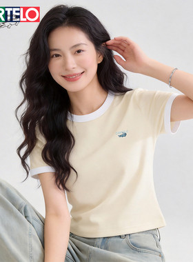 鳄鱼正品撞色圆领短袖T恤女修身显瘦百搭夏季薄款休闲假两件上衣