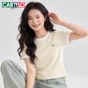 鳄鱼正品撞色圆领短袖T恤女修身显瘦百搭夏季薄款休闲假两件上衣