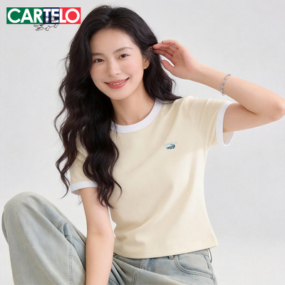鳄鱼正品撞色圆领短袖T恤女修身显瘦百搭夏季薄款休闲假两件上衣