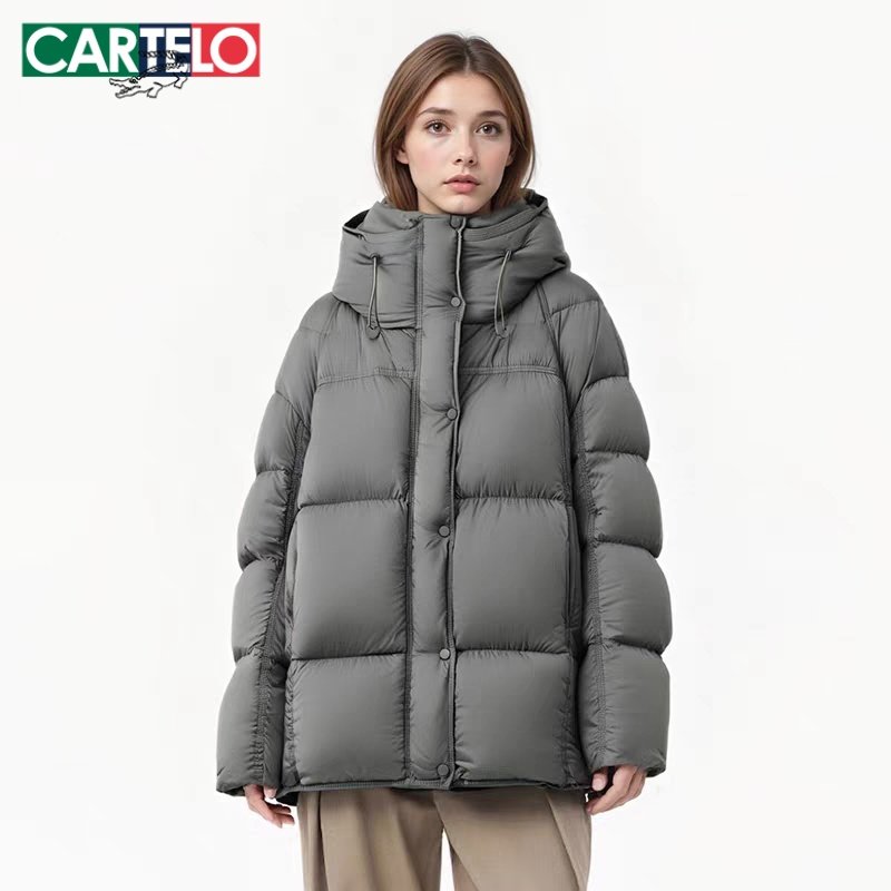 CARTELO连帽羽绒服女中长款灰色保暖加厚面包服外套