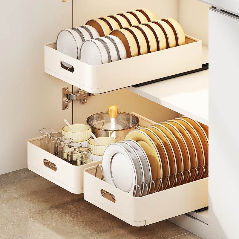 多功能厨房抽拉碗碟收纳沥水架