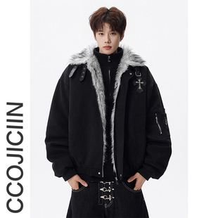 美式十字架座山雕毛领棉服男冬季加绒棉衣外套高级感加厚保暖棉袄