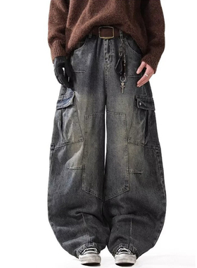 美式潮牌重磅多口袋弯刀牛仔裤男高街复古宽松百搭休闲阔腿工装裤