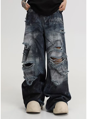 美式高街乞丐破洞牛仔裤男女夏季2026款重工水洗痞帅宽松阔腿长裤