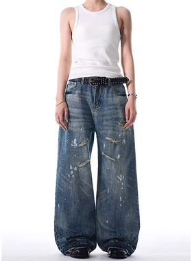 2026春季美式复古泼墨宽松破洞牛仔裤男女潮牌痞帅百搭长裤子男潮