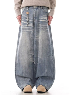 春季美式复古做旧猫须直筒牛仔裤男宽松休闲痞帅设计感阔腿裤子男