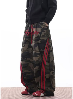 美式迷彩风牛仔裤潮牌阔腿裤男女冬季宽松松紧腰休闲长裤弯刀裤子